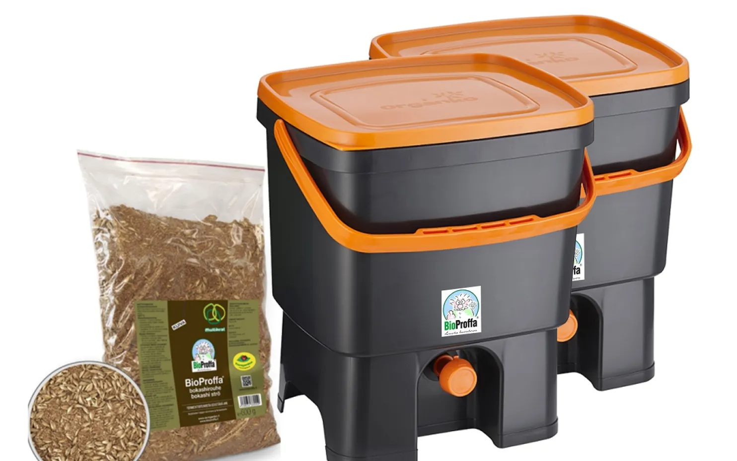 Bokashi keittiökompostori BioProffa Organko tuplapakkaus 16 l musta/oranssi