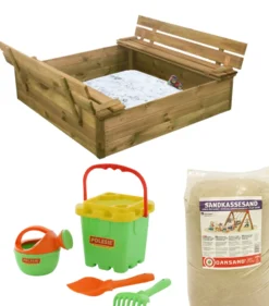 Hiekkalaatikko Nordic Play 120x120cm kanneksi taittuvat penkit sis, 240kg hiekkaa ja vihreä hiekkalelusetti