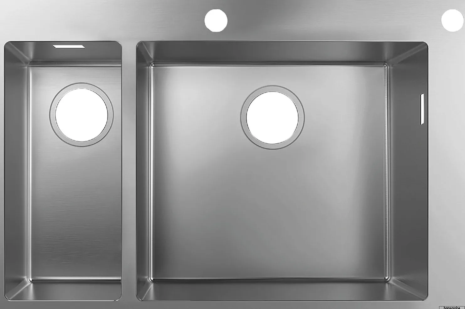 Kaksialtainen keittiöallas Hansgrohe S71 S712-F655 upotettava teräsallas 180/450, kaksi hanareikää, ruostumaton teräs