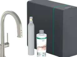 Keittiöhana Hansgrohe Aqittura M91 SodaSystem 210, ulosvedettävä juoksuputki 1jet, sBox, setti, ruostumaton teräs