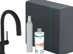 Keittiöhana Hansgrohe Aqittura M91 SodaSystem 210, ulosvedettävä juoksuputki 1jet, sBox, setti, mattamusta