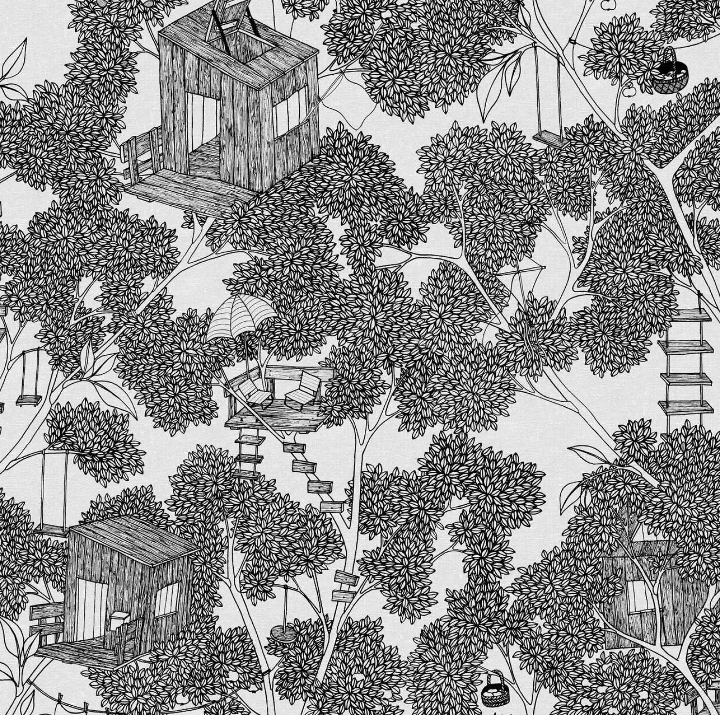 Lastenhuoneen tapetti Rebel Walls Treehouse Graphite, kasvi, apina, mustavalkoinen