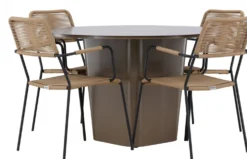 Ruokailuryhmä Venture Home, ø120cm harmaanruskea Santa Fe -pöytä + 4 Lindos-tuolia, käsinojilla