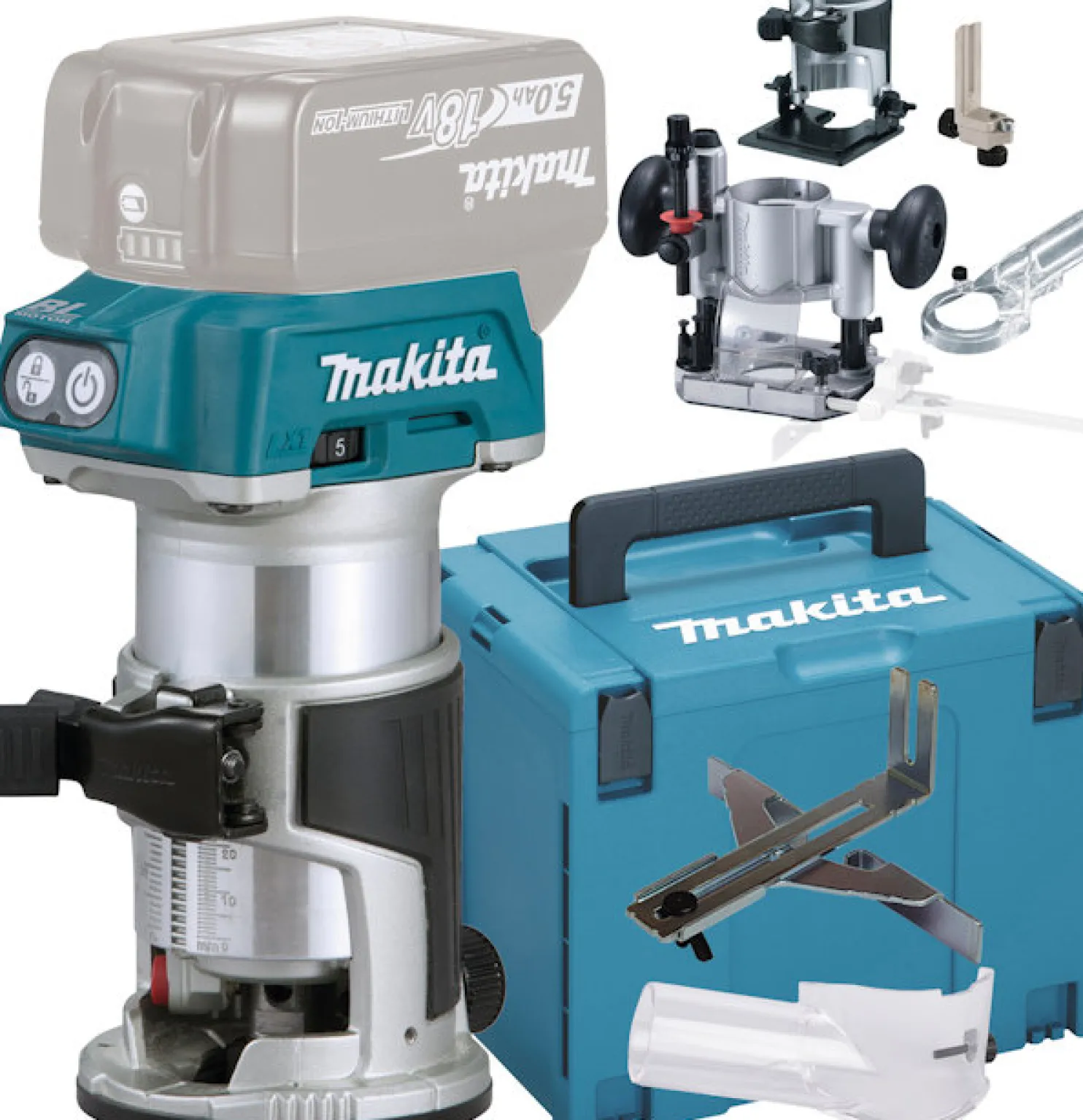 Yläjyrsin Makita LXT DRT50ZJX5 tarvikkein 18V ilman akkua + Makpac